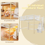 Loft Bed 140x200cm with LED Lights & Storage - White & Natural