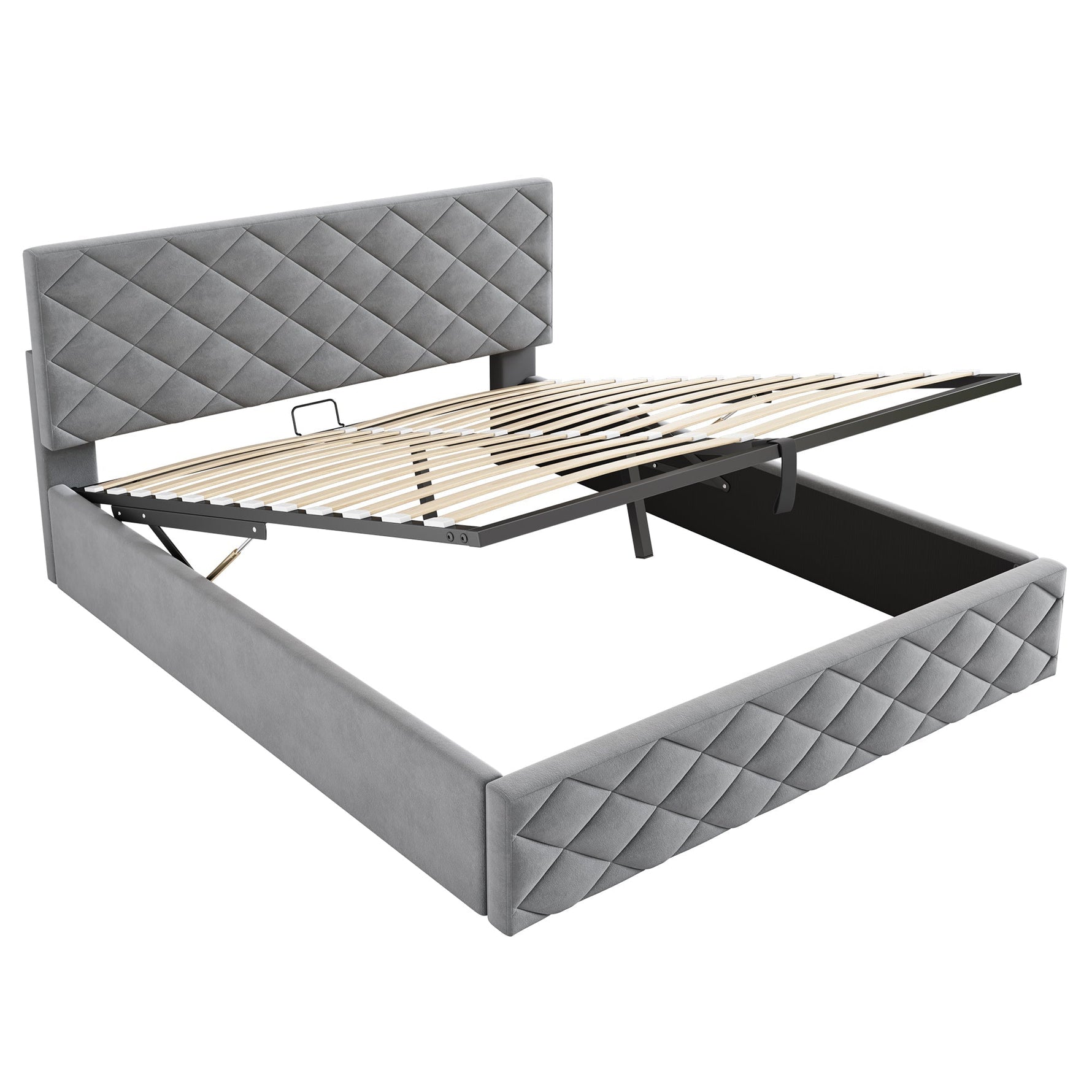 Upholstered Bed with Hydraulic Slatted Frame and Storage, 140x200cm, Grey
