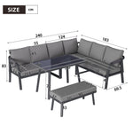 Garden Dining Set with Corner Sofa, Table and Bench, Seats 8, Grey Woven Steel