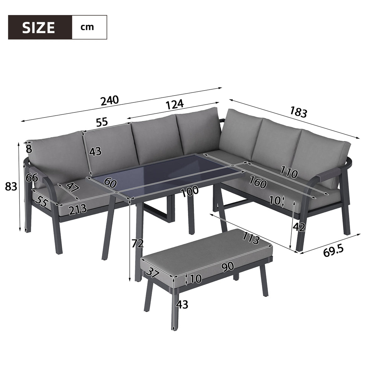 Garden Dining Set with Corner Sofa, Table and Bench, Seats 8, Grey Woven Steel