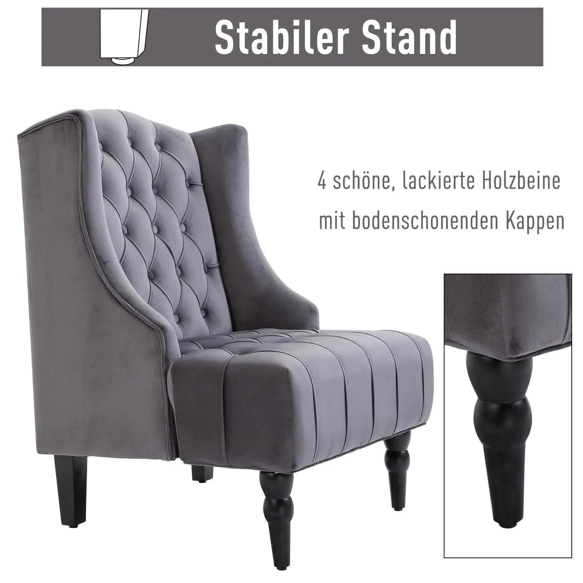 Wingback Chair Recliner, Tufting Raised Legs, Grey Velvet