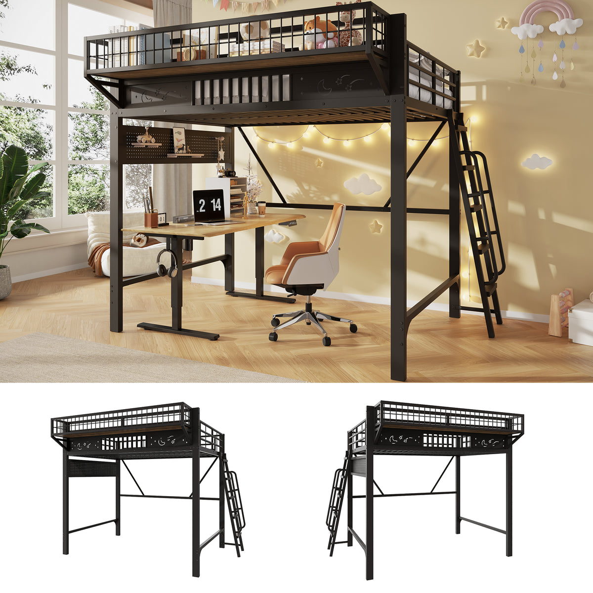 Loft Bed 140x200 cm with Storage Compartments, Black Metal