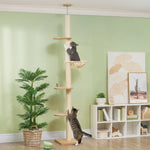 Cat Tree, Ceiling-High Sisal Rope Posts, Engineered Wood, Oak+Cream White