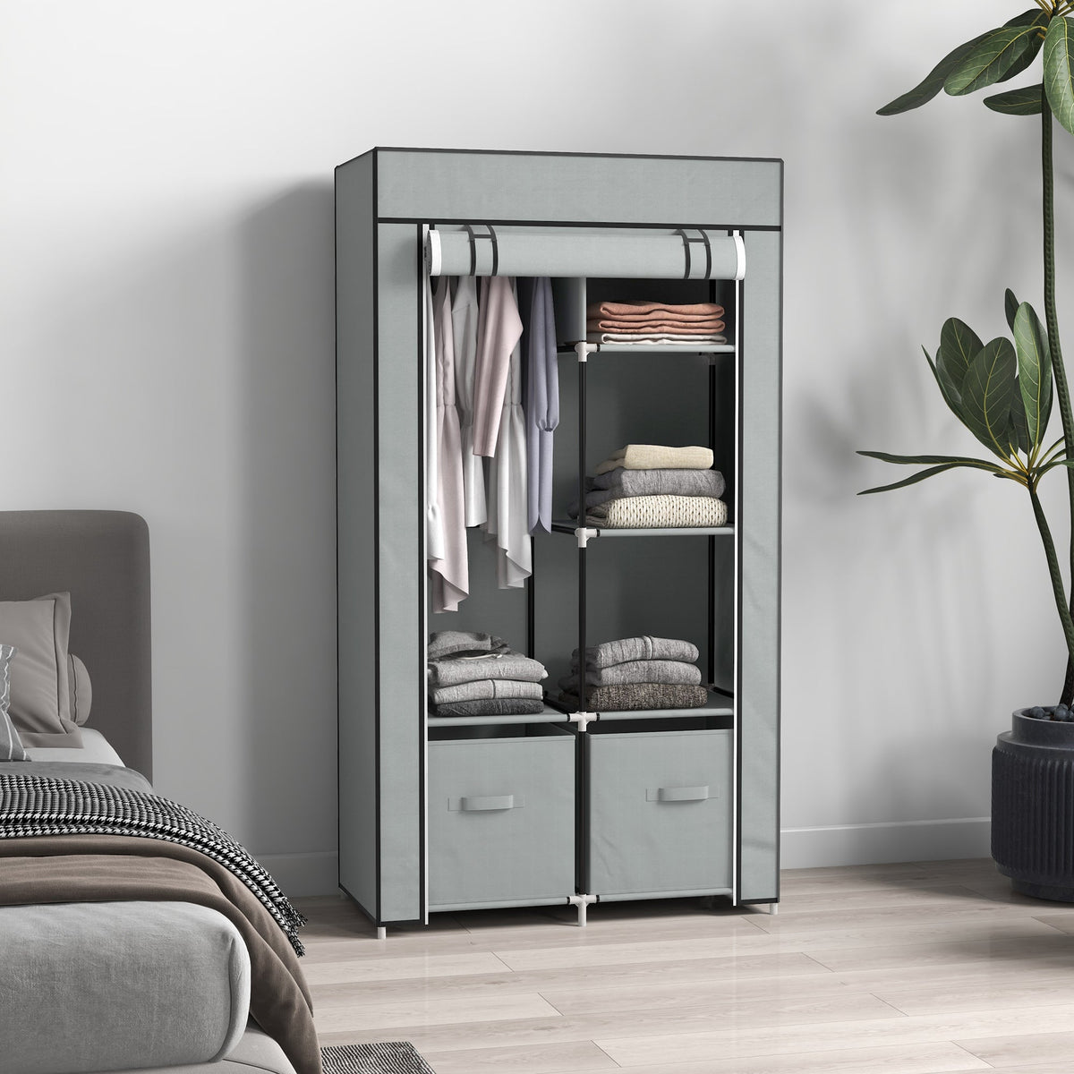 Fabric Wardrobe 5 Compartments, Clothes Rail, Light Grey