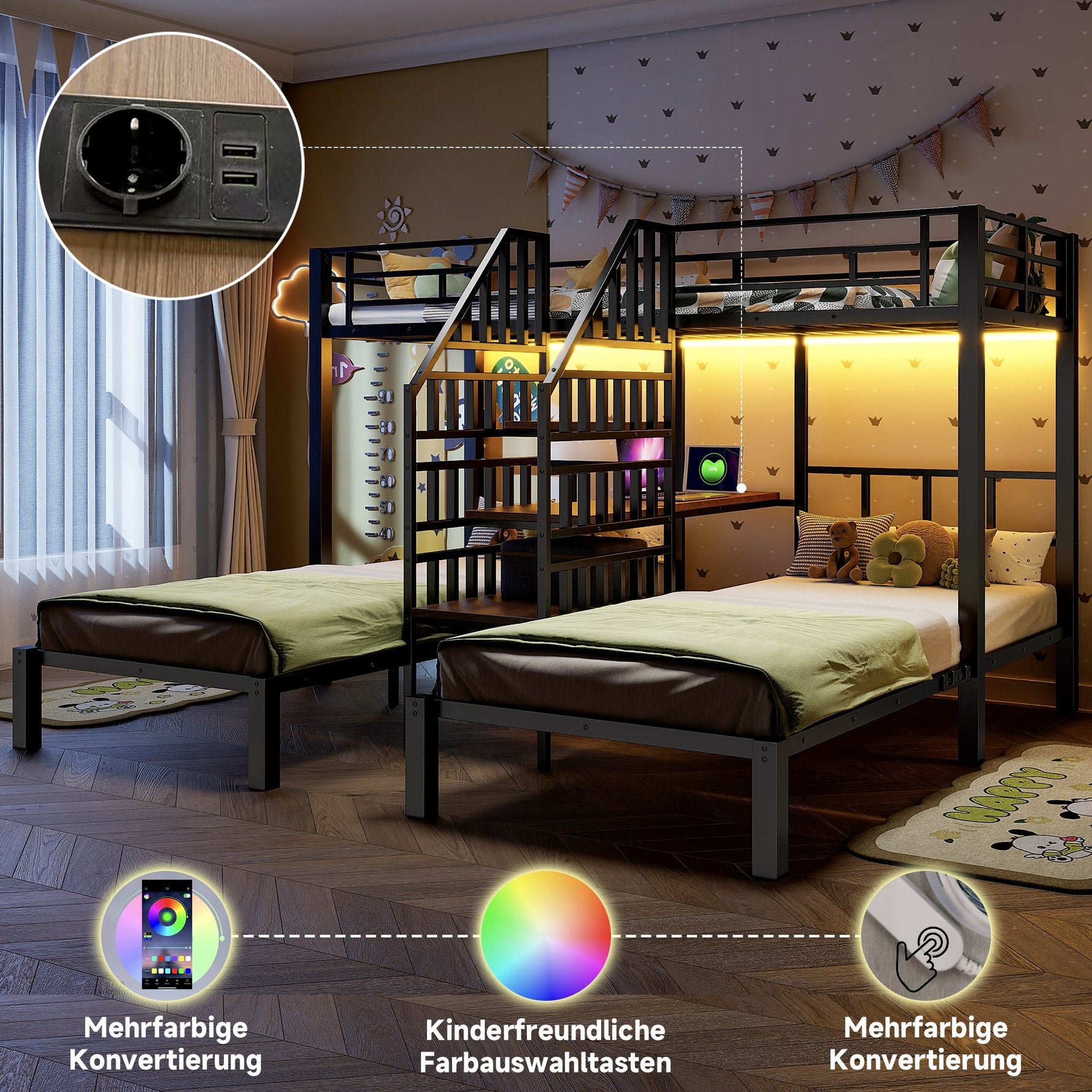 Bunk Bed with 3 Beds, LED Lights, Desk and USB Ports, Black