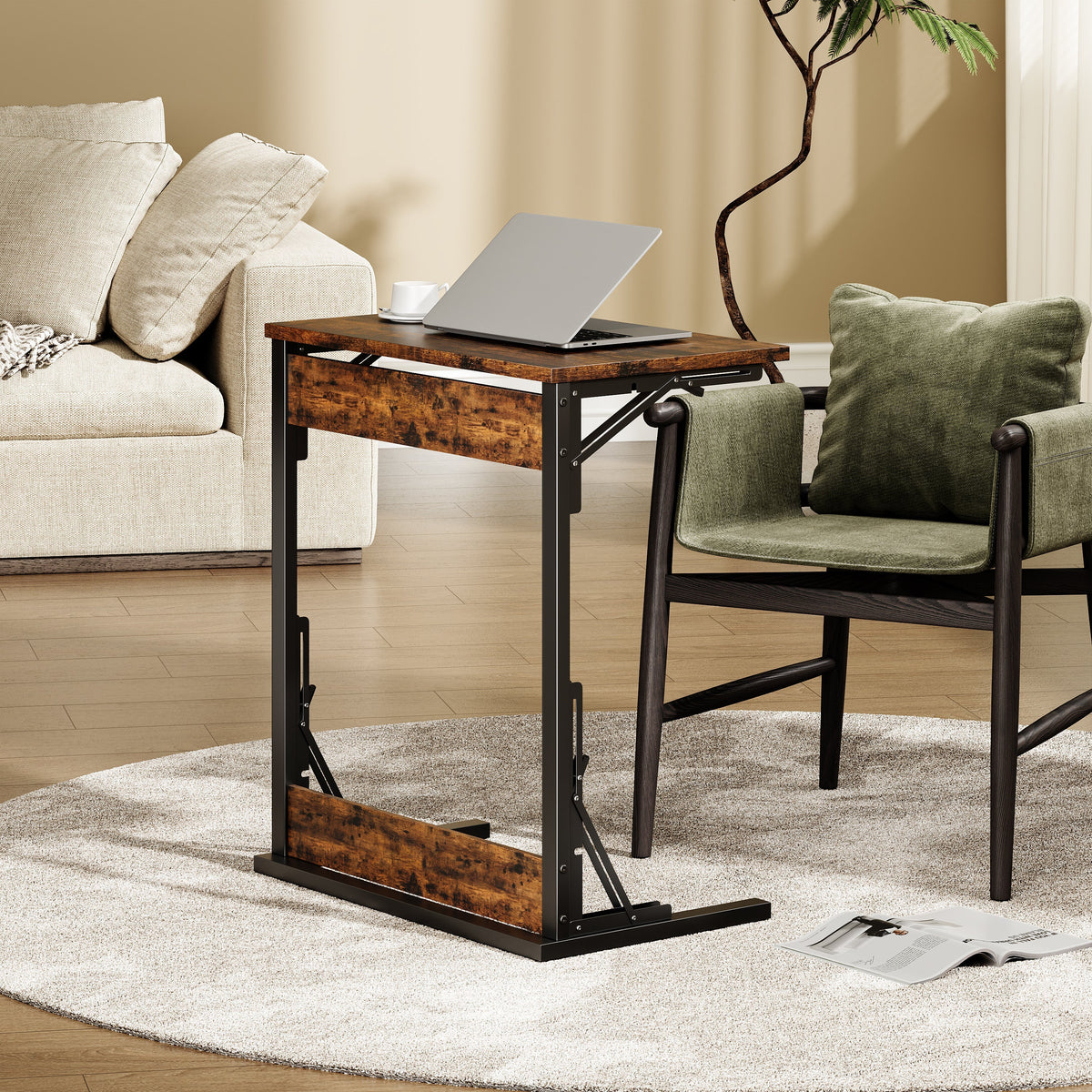 Set of 2 Foldable C-Shaped Side Tables with Metal Frame, Brown