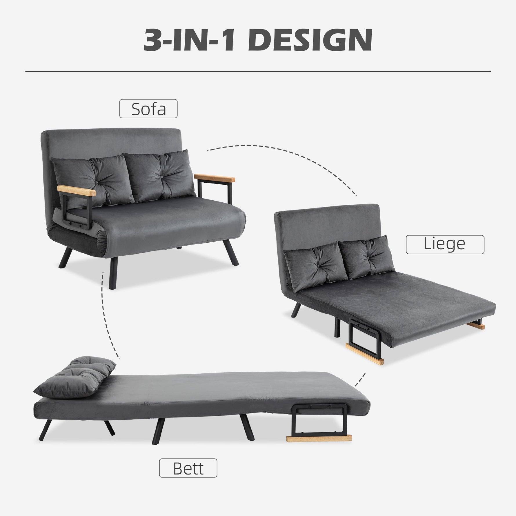 Sofa Bed, Storage Function Velvet Back Cushions, Dark Grey (102x73x81 cm)