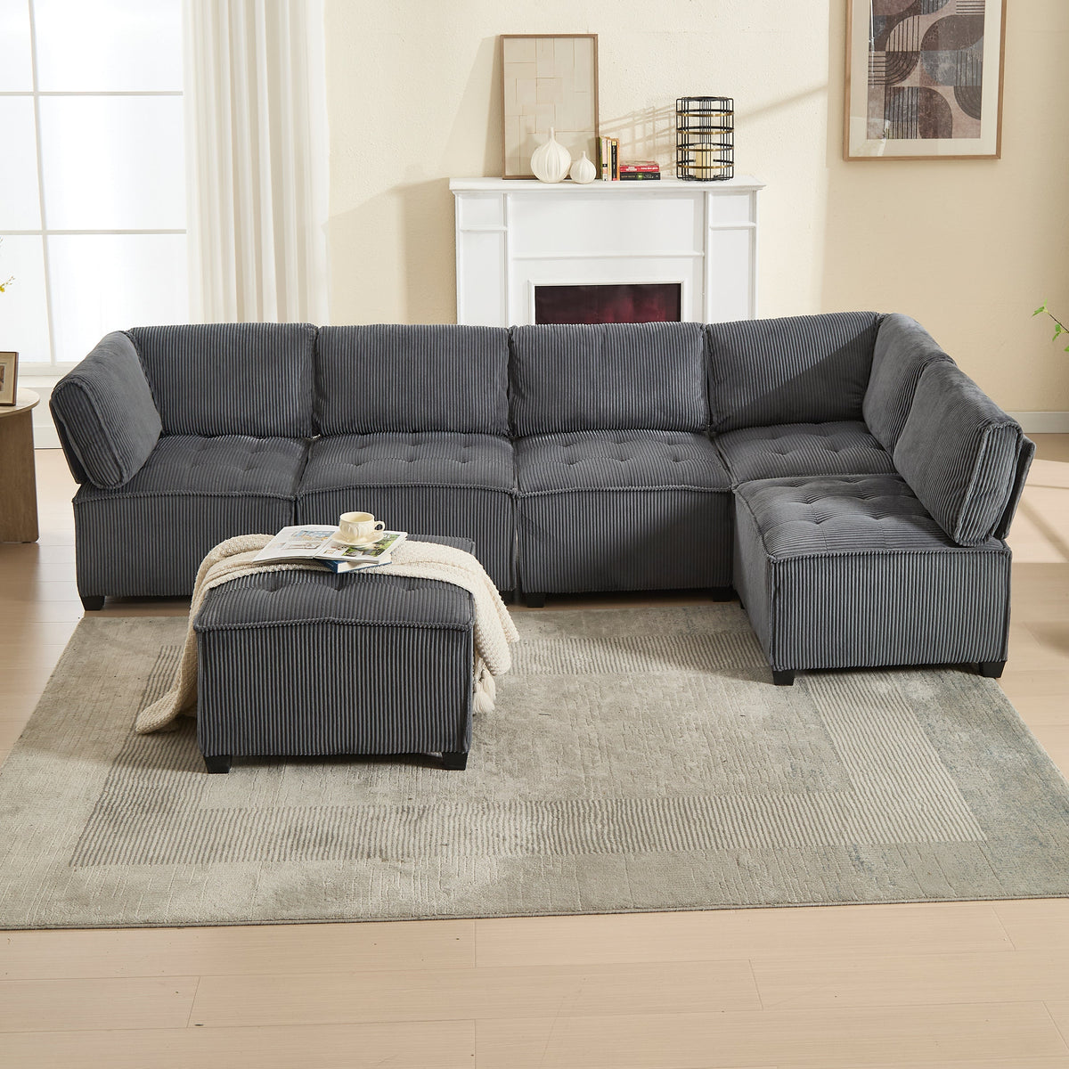 Modular Sofa 6-Seater Convertible U/L-Shape Sleeper Storage Pockets Corduroy Grey