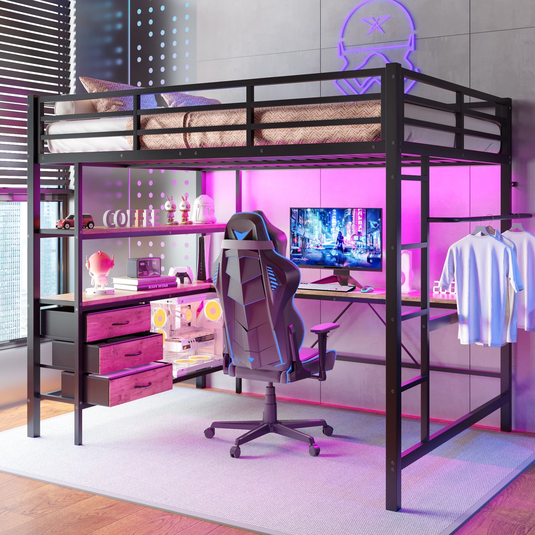 Loft Bed 140x200cm with LED Desk USB Port 3 Drawers Stairs - Black