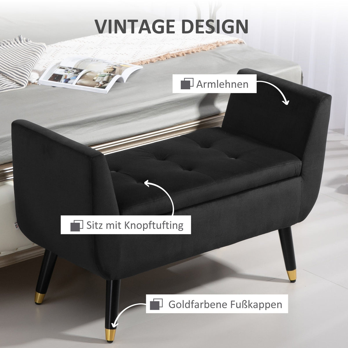 Luxury Upholstered Bench with Storage Armrests, Velvet, Dark Grey