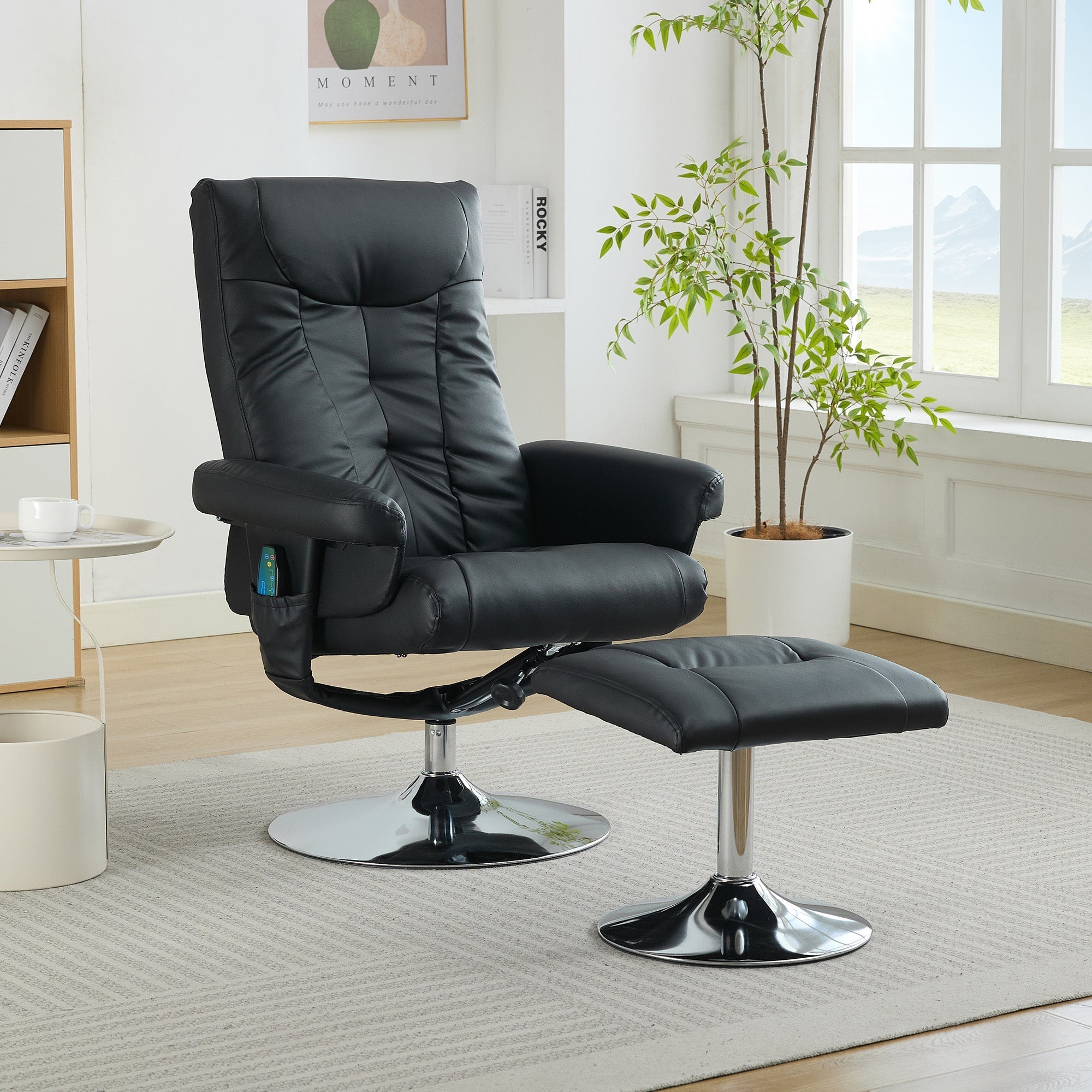 024 Recliner Chair, 5-Point Massage, Electric Heat & Footstool, 360° Swivel, Black PU Fabric