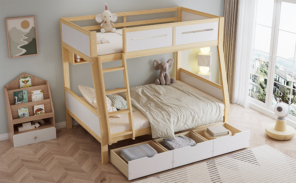 Bunk Bed, 3 Drawers, Book Stand, Fenced, Stepladder, Pine + MDF + Plywood, White + Natural