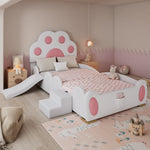 Upholstered Bed, Children's Cat Paw Headboard with Slide & Ladder, PU White + Pink