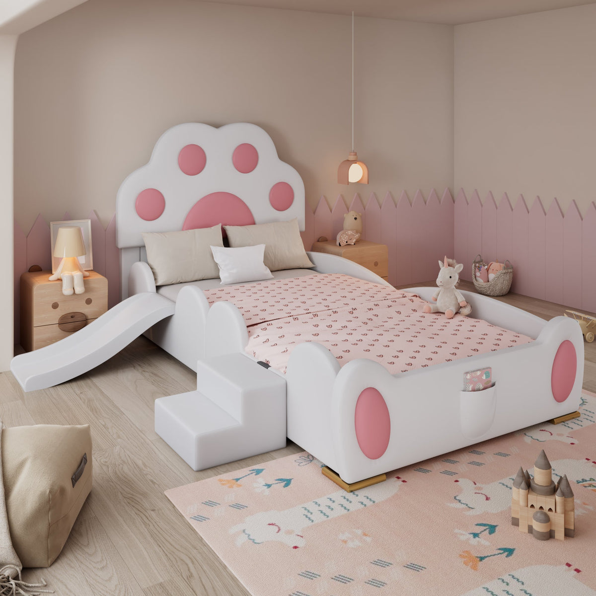 Upholstered Bed, Children's Cat Paw Headboard with Slide & Ladder, PU White + Pink