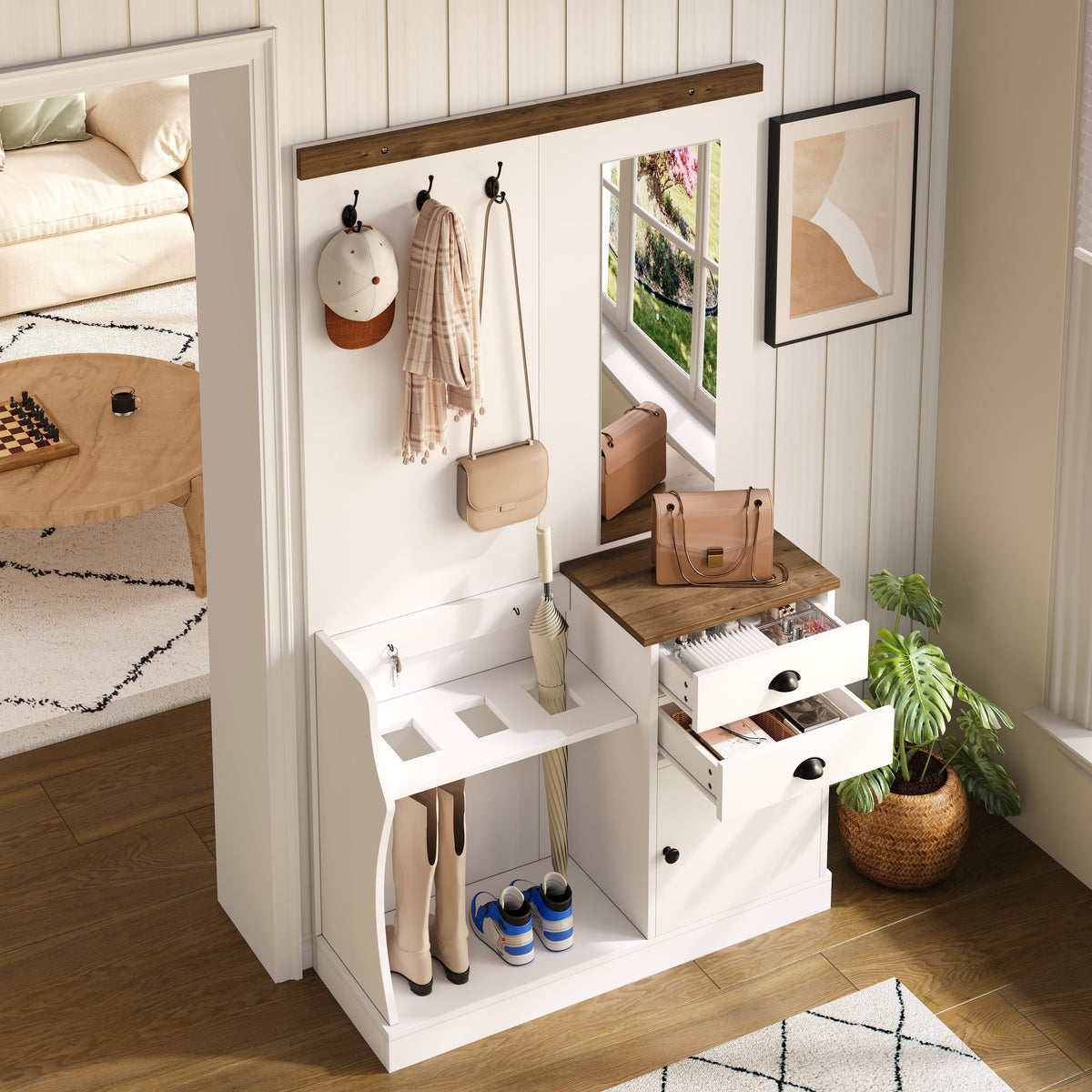 Wardrobe Set with Mirror, Hooks, Drawers & Umbrella Stand, Wood and White