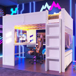 Loft Bed 140x200cm Gaming with Desk, LED Lights, USB/Type-C Ports, White