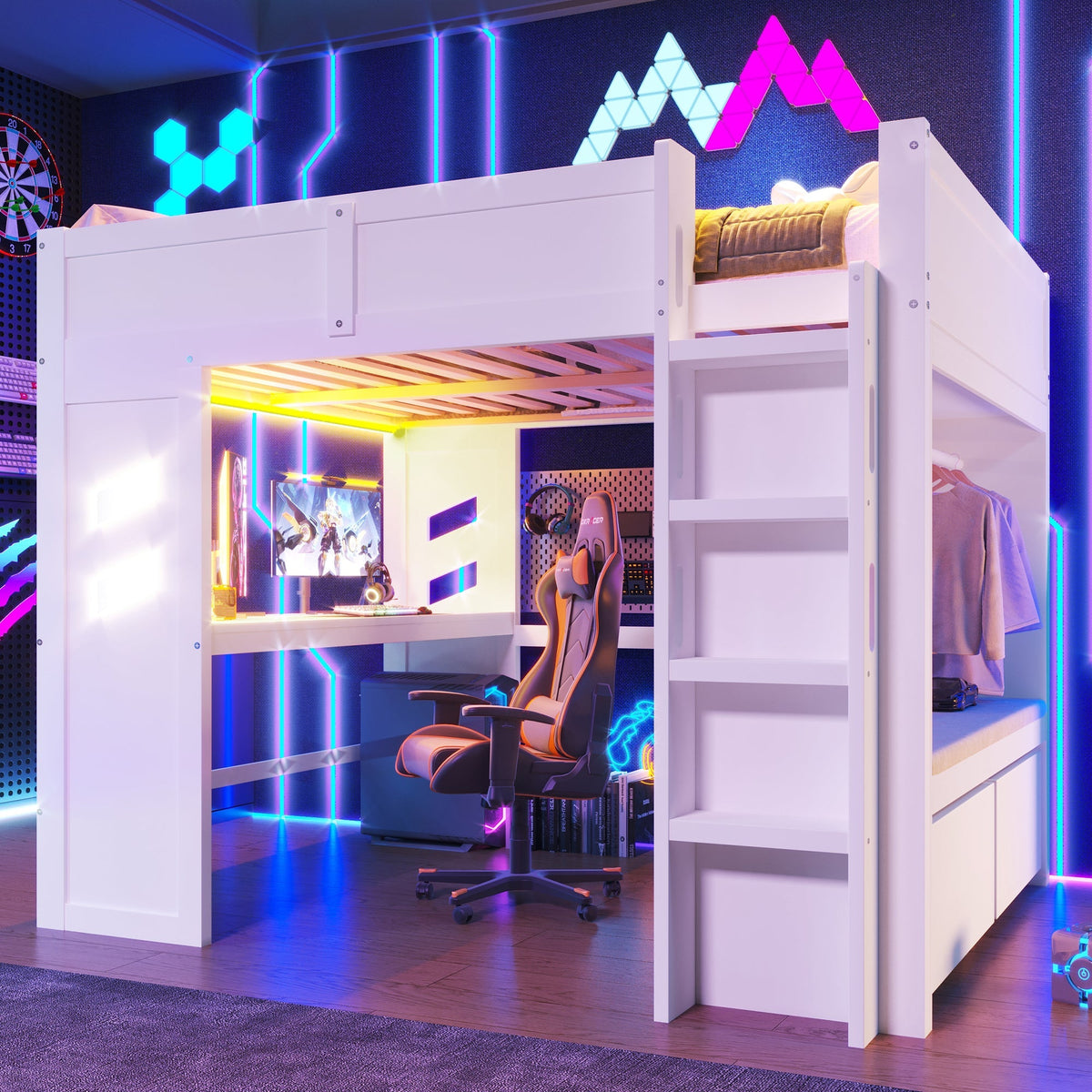 Loft Bed 140x200cm Gaming with Desk, LED Lights, USB/Type-C Ports, White