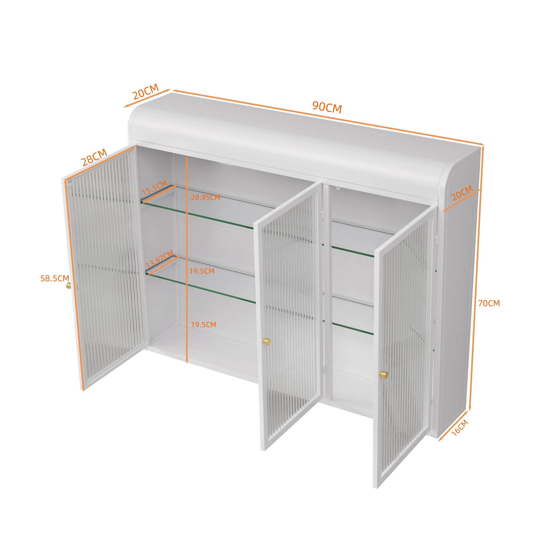 3 Door Arched Wall Mounted Cabinets for Kitchen, Living Room, Bathroom, White Glass