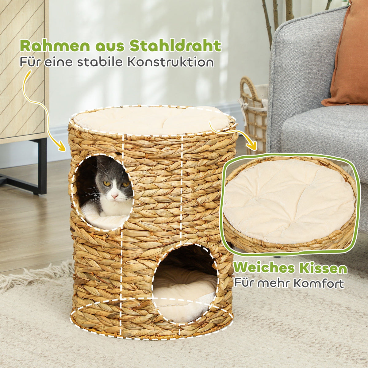 Cat Scratching Barrel, 50cm 2 Caves Cushion, Water Hyacinth Light Brown