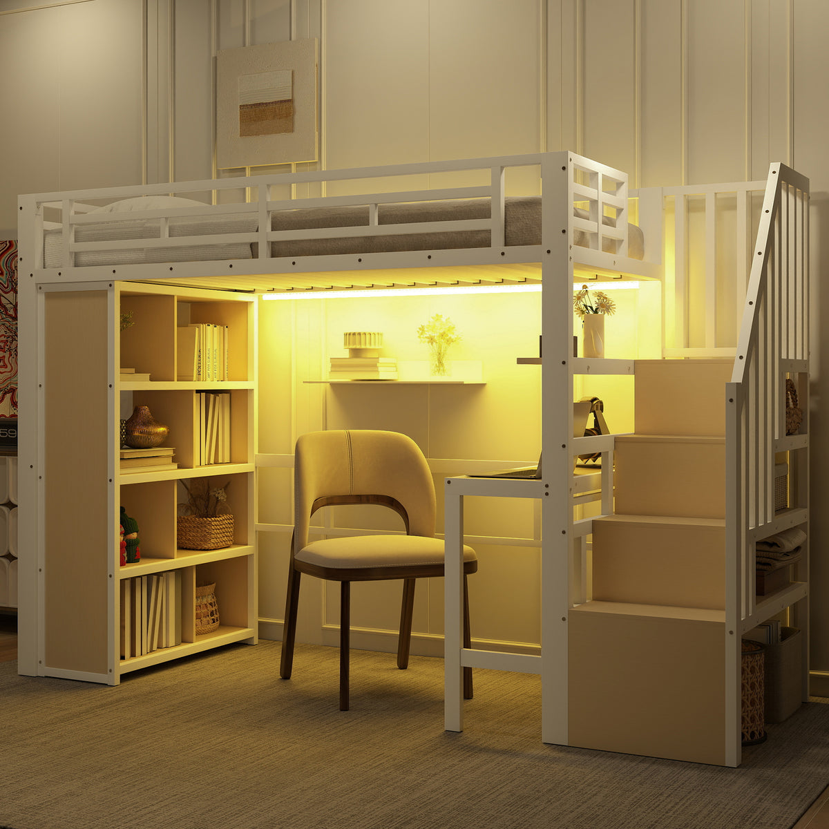 Loft Bed 90x200cm with Desk, Storage & LED Light - White Iron Frame