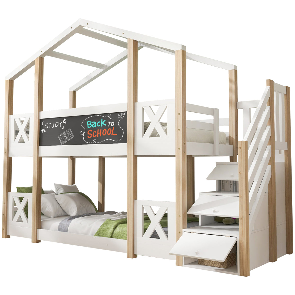 Bunk Bed 90x200cm Tree House Loft with Stairs & Fall Protection, Natural & White