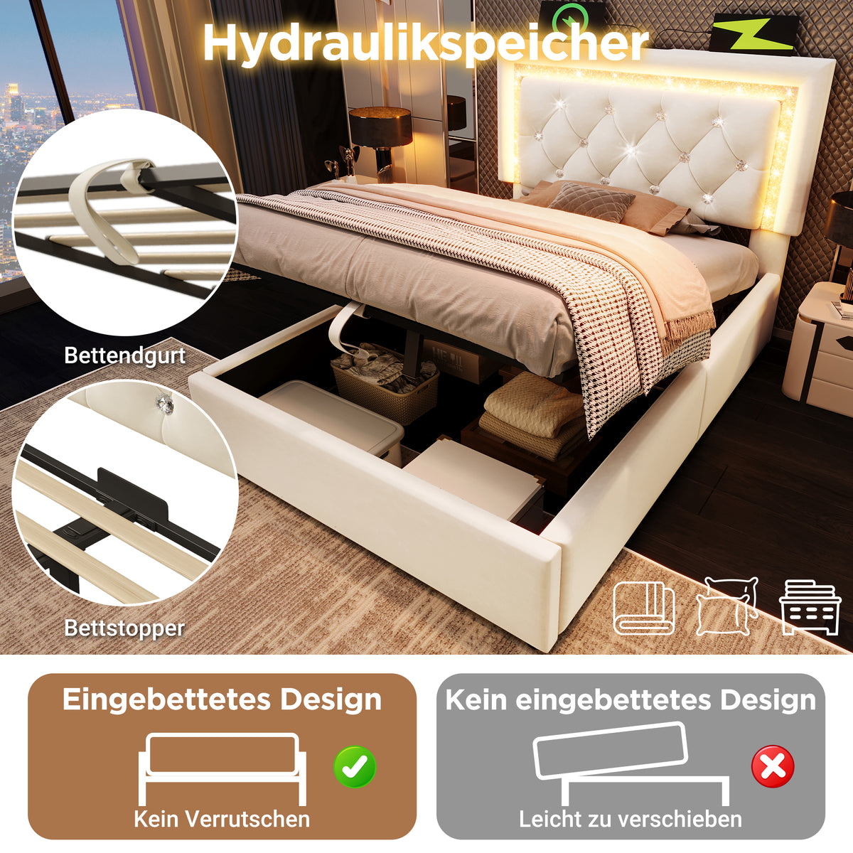 Upholstered Single Bed 90x200cm with LED & Storage, Beige Velvet