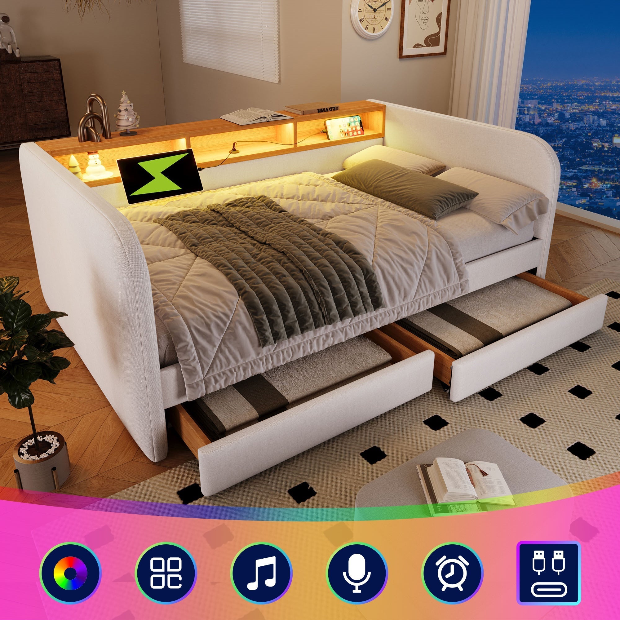 Upholstered Daybed with LED, USB-C, 2 Drawers and Storage Headboard, 140x190cm, Light Beige Linen