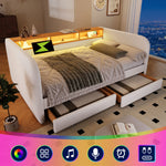 Upholstered Daybed with LED, USB-C, 2 Drawers and Storage Headboard, 140x190cm, Light Beige Linen