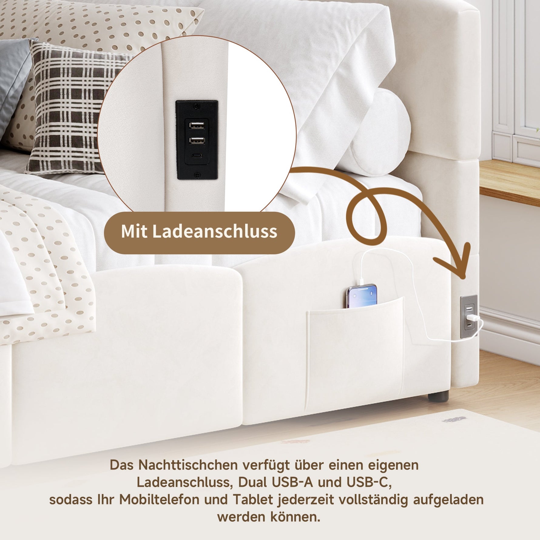 Upholstered Sofa Bed with USB Charger and Storage Bag, 90x200cm, Beige Velvet