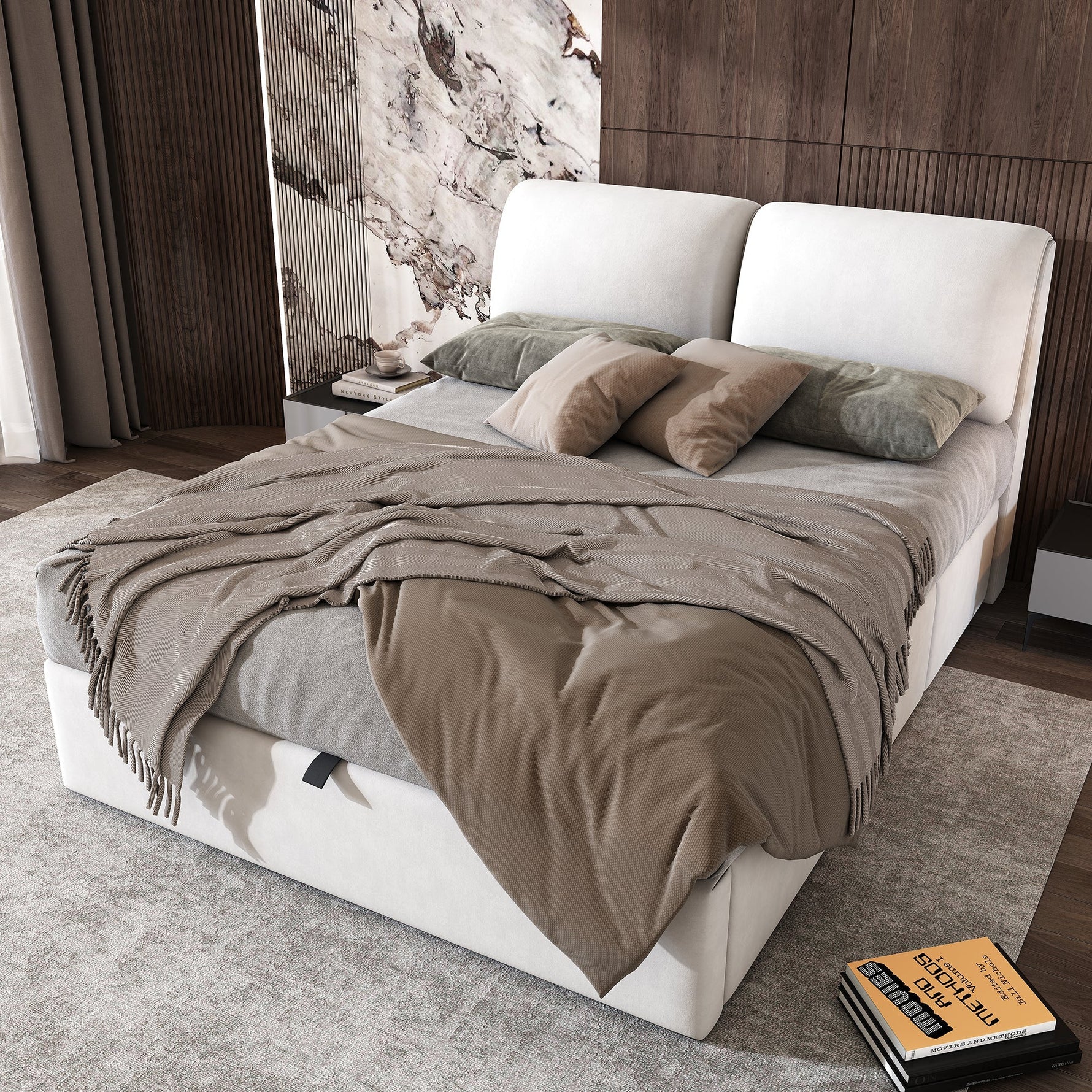 Upholstered Bed 140x190cm Hydraulic Storage 3 Drawers Velvet Beige