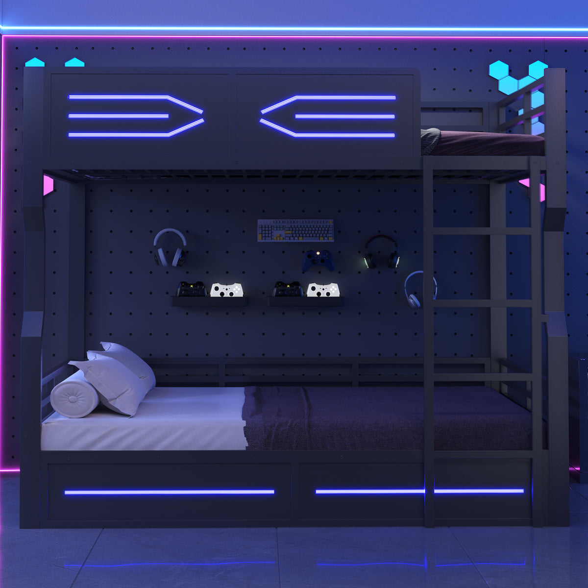 Loft Bed 140x200cm with LED Lighting, Black Iron