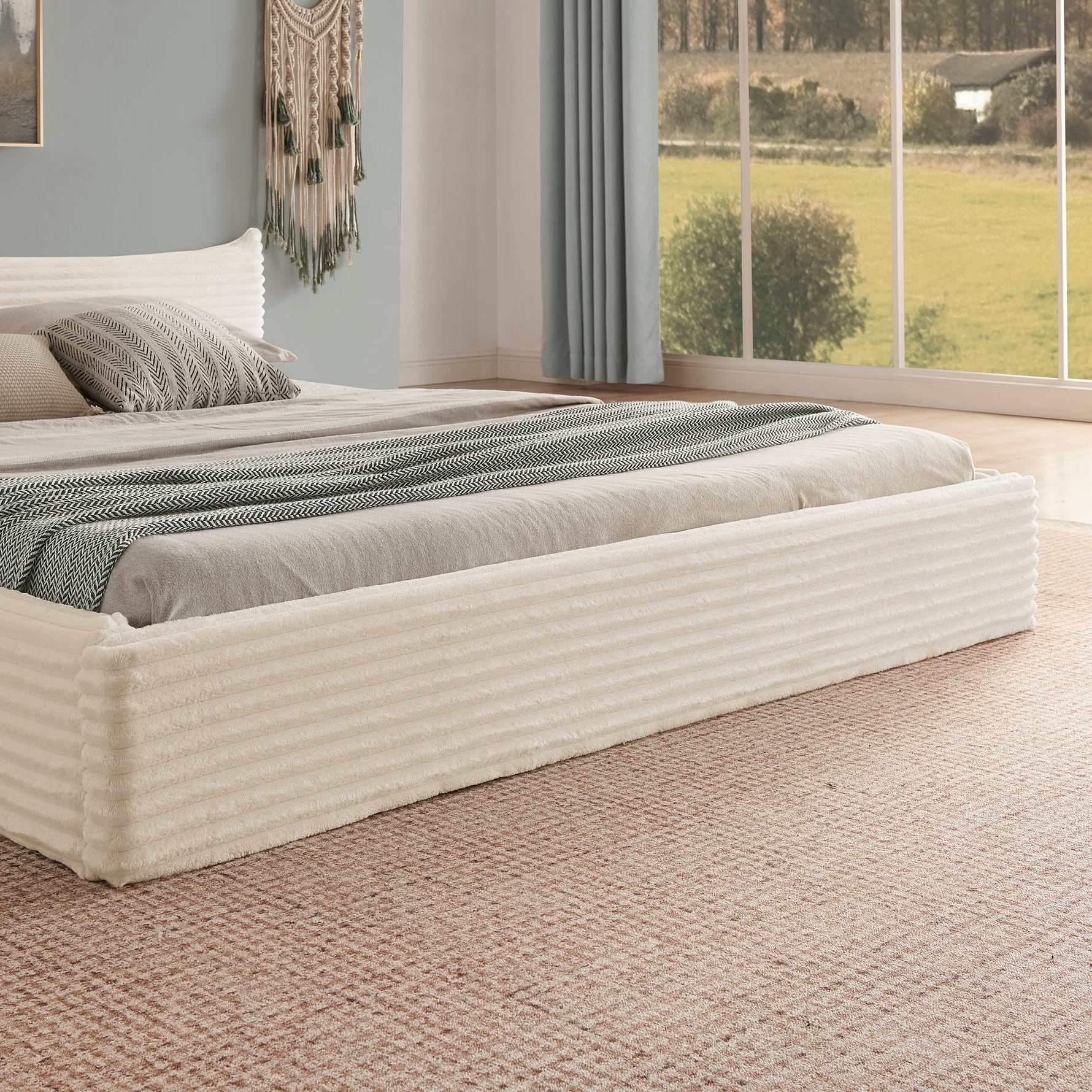 Double Bed 140x200cm, Corduroy Cover, Eucalyptus Wood Frame, Beige