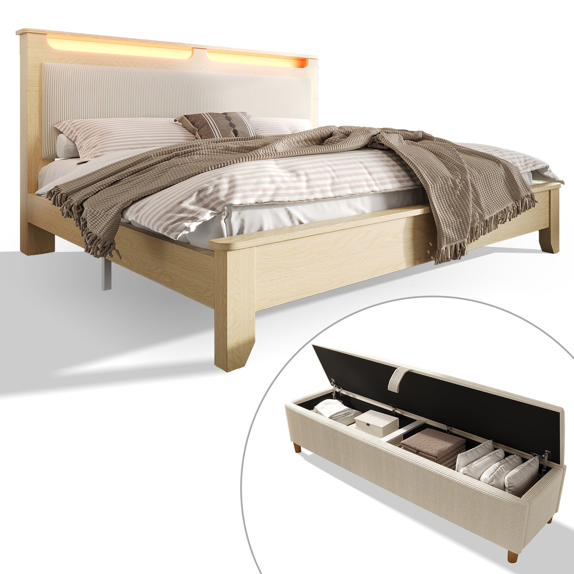 Double Wooden Bed 180x200cm, Storage Headboard, LED, Bed Bench - Beige Corduroy, Light Oak