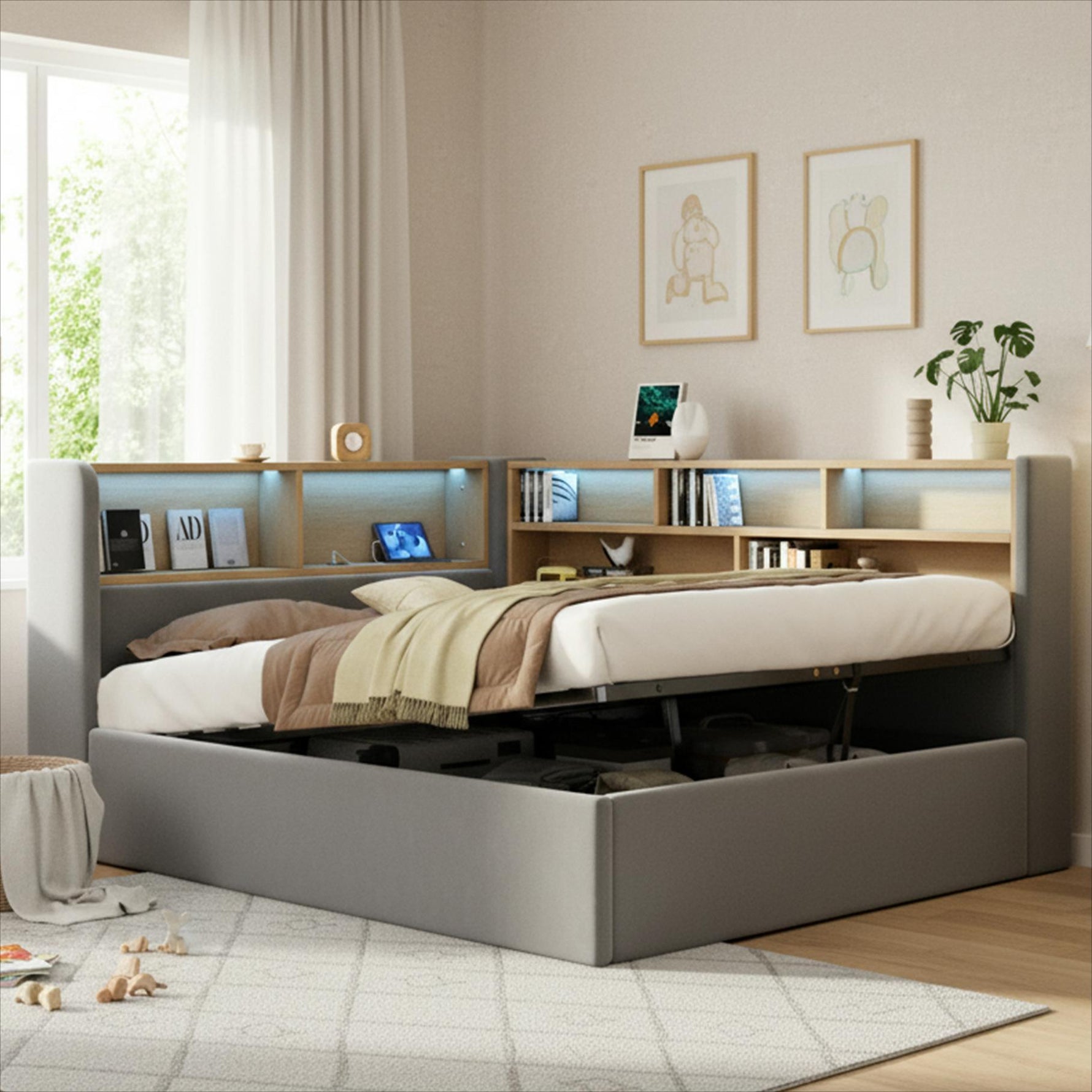 Daybed with Hydraulic Storage, LED, USB and Backrest, Grey Velvet