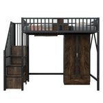 Metal Loft Bed 90x200cm Wardrobe Drawers Storage Ladder - Black