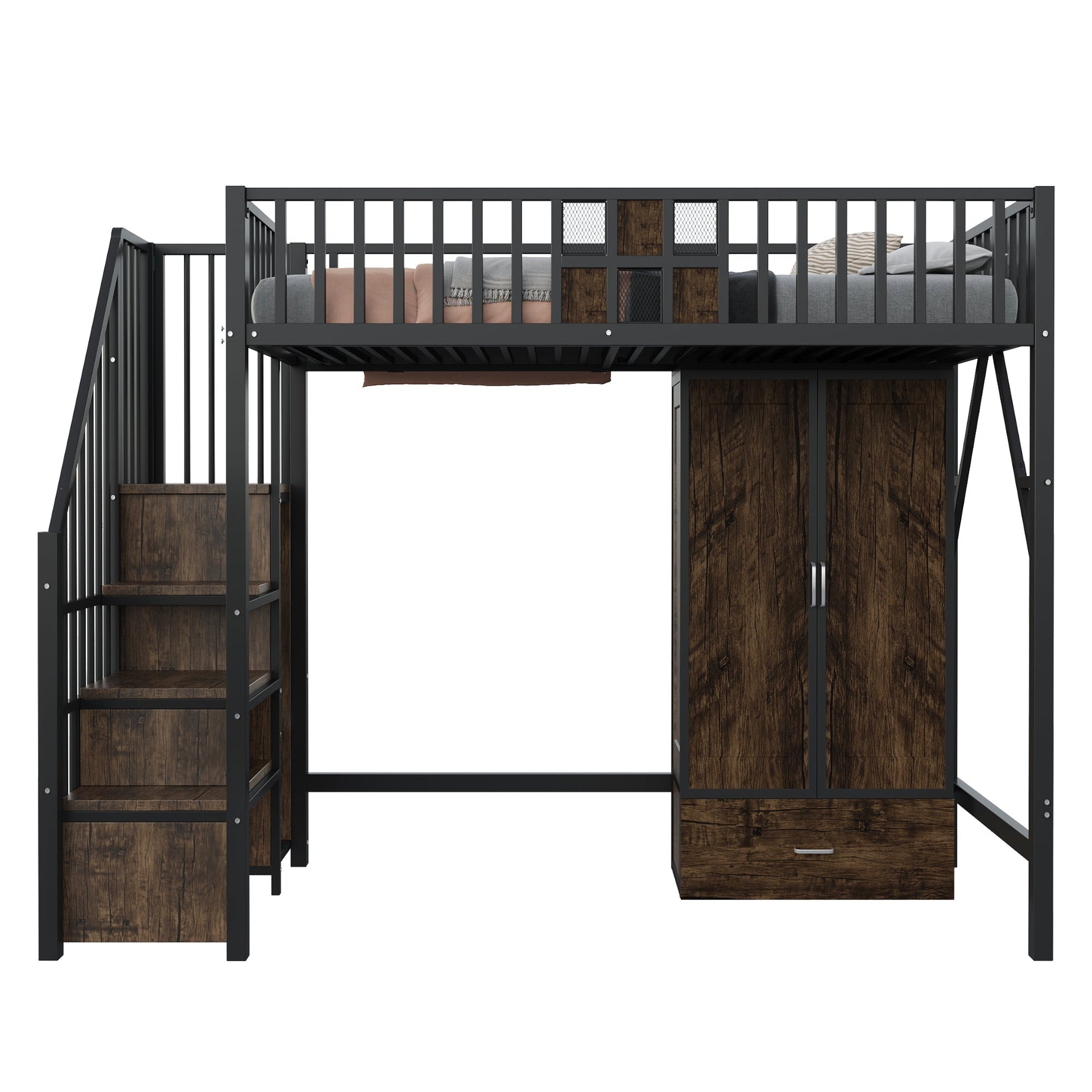 Metal Loft Bed 90x200cm Wardrobe Drawers Storage Ladder - Black
