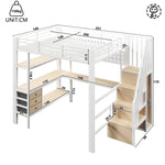 Loft Bed 140x200cm with Desk & Storage, White Metal