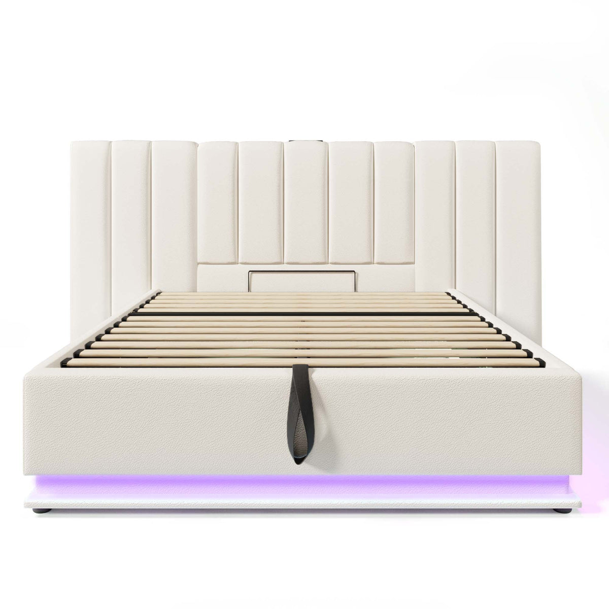 Upholstered Bed 160x200, Double Storage with App Control LED & USB-C, White PU