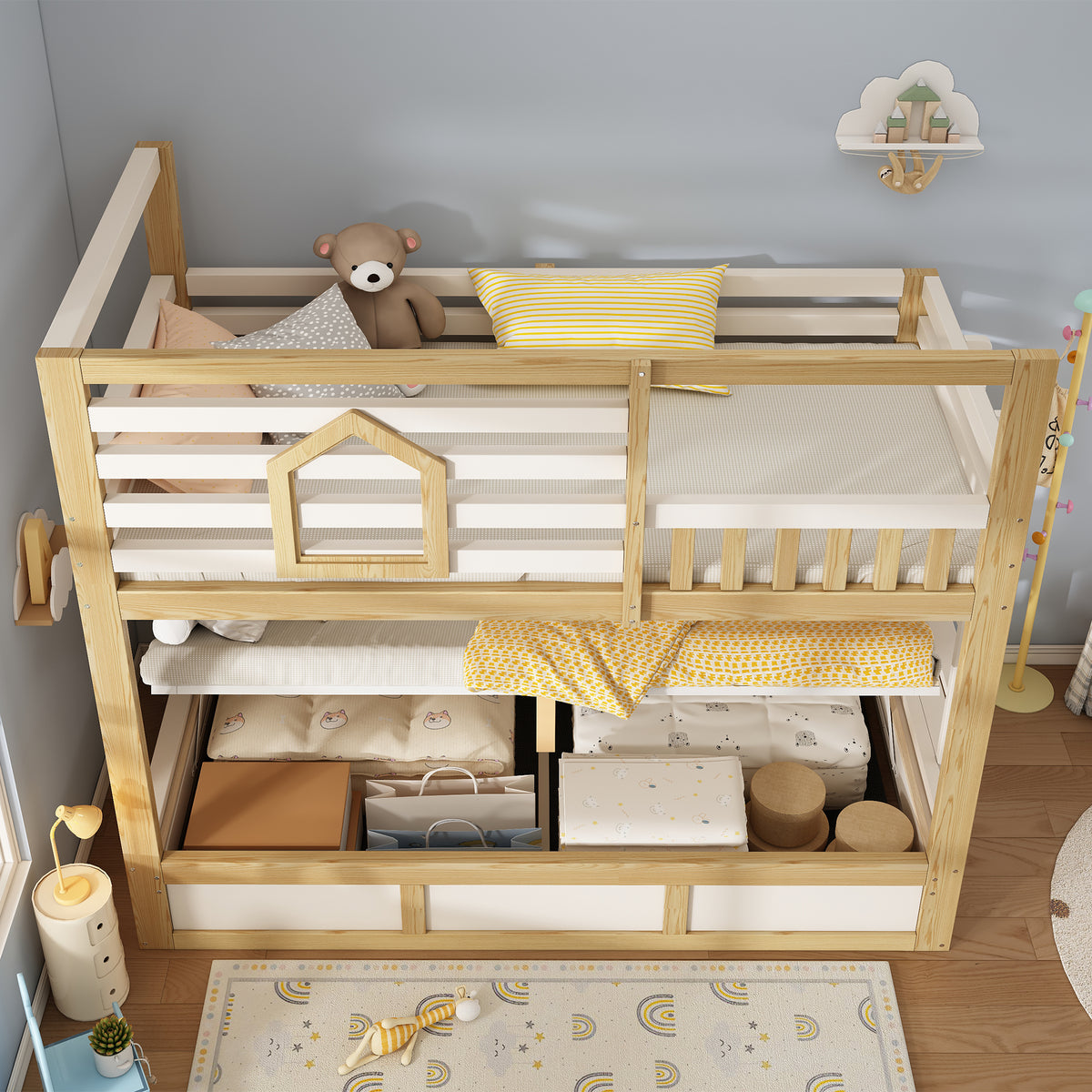 Children's Bunk Bed 90x200cm Cabin Storage, White & Natural Wood
