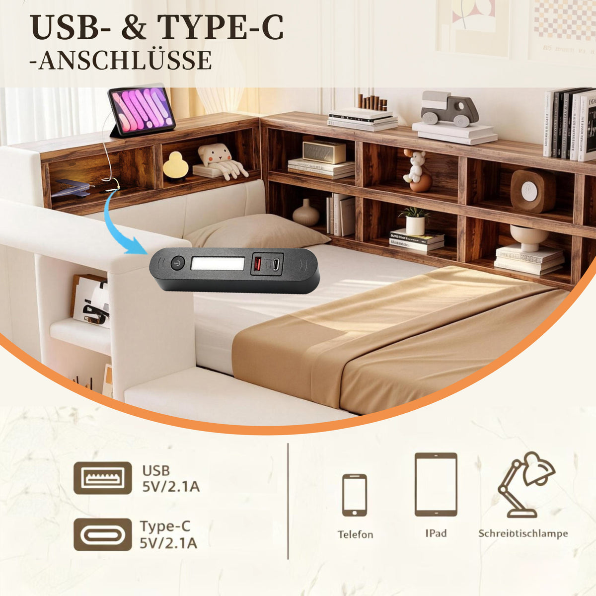 Upholstered Bed 90x200cm with Storage & LED Light, Beige