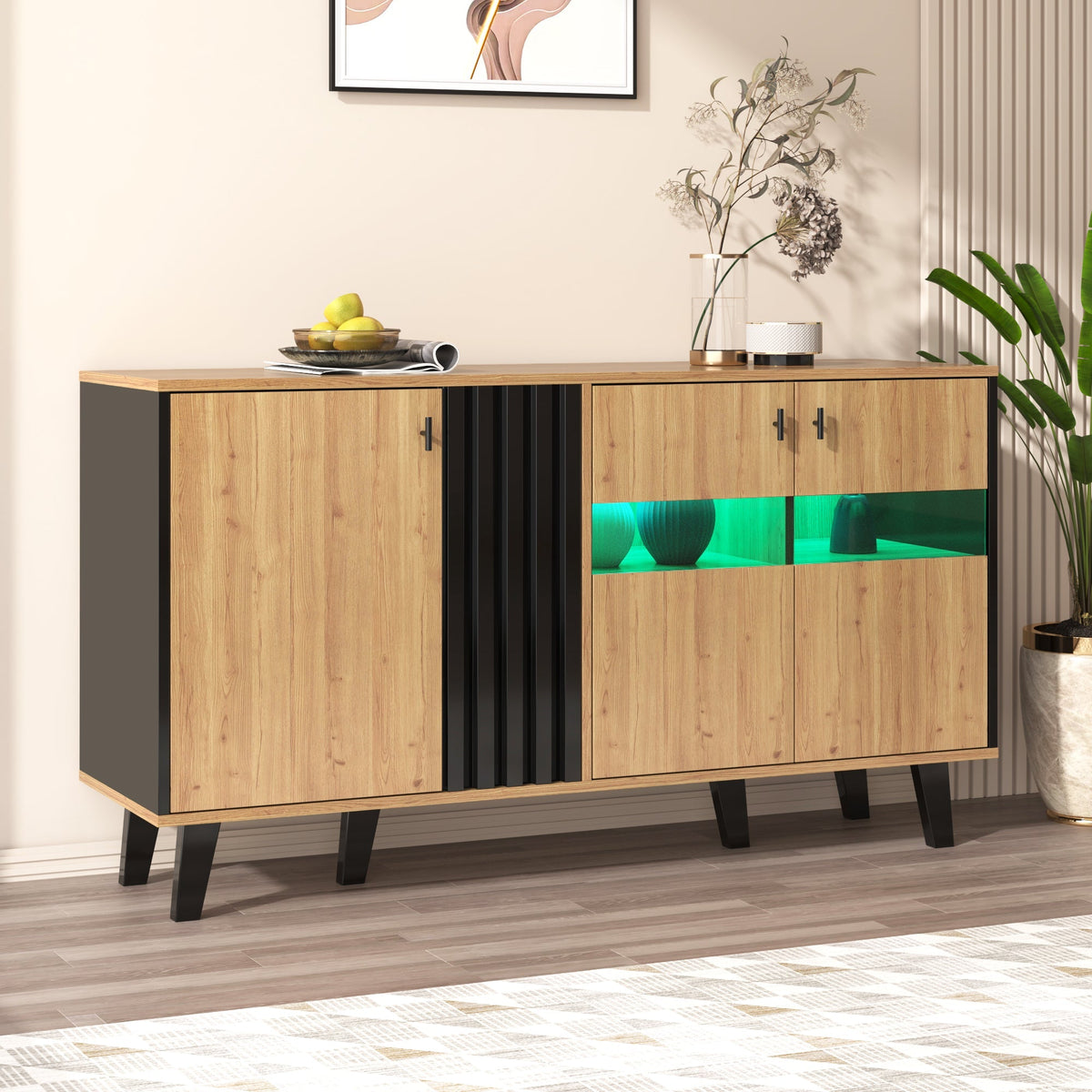Sideboard, 140x78.5x41 cm, LED Lighting & Glass, Wood and Black