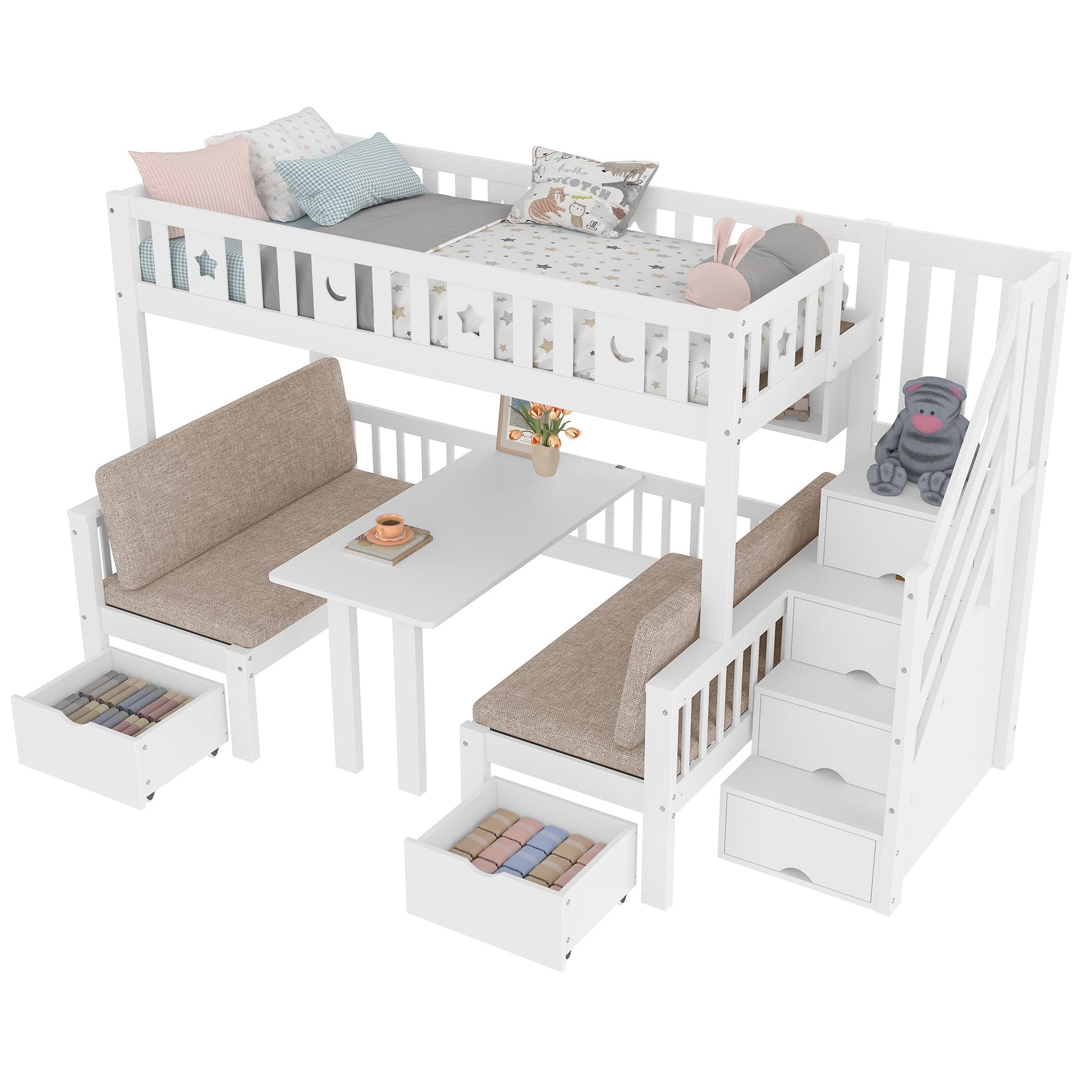 Multifunctional Loft Bed, 90x200cm 2-in-1 Bed & Desk Storage Ladder, White