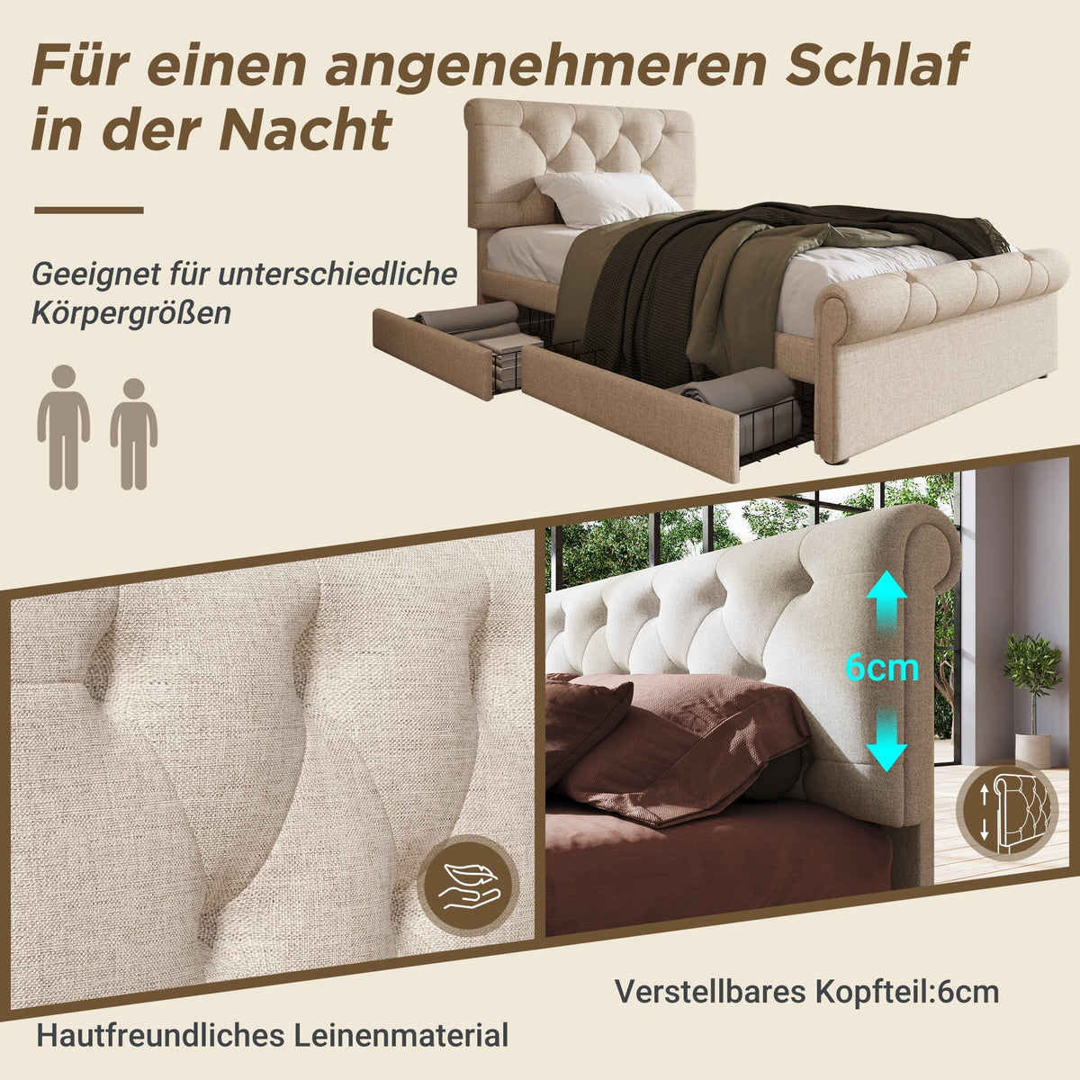 Single Upholstered Bed, 90x200cm, 2 Drawers, Adjustable Headboard, Chesterfield, Natural