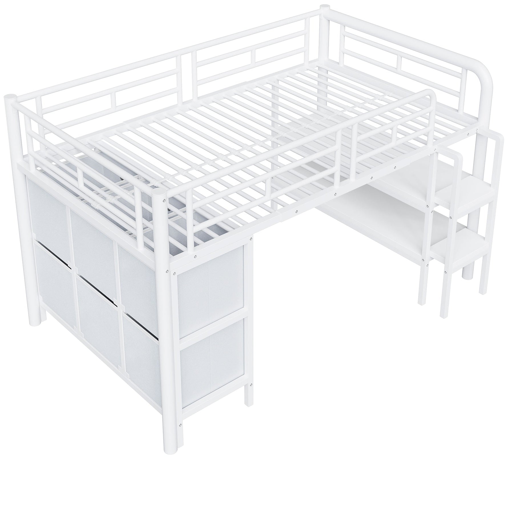 Children's Loft Bed 90x200 with Storage Stairs and Drawers, White Metal