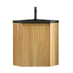 Wall-Mounted Corner Bathroom Vanity Unit with Matte Black Resin Basin, Natural Wood Grain