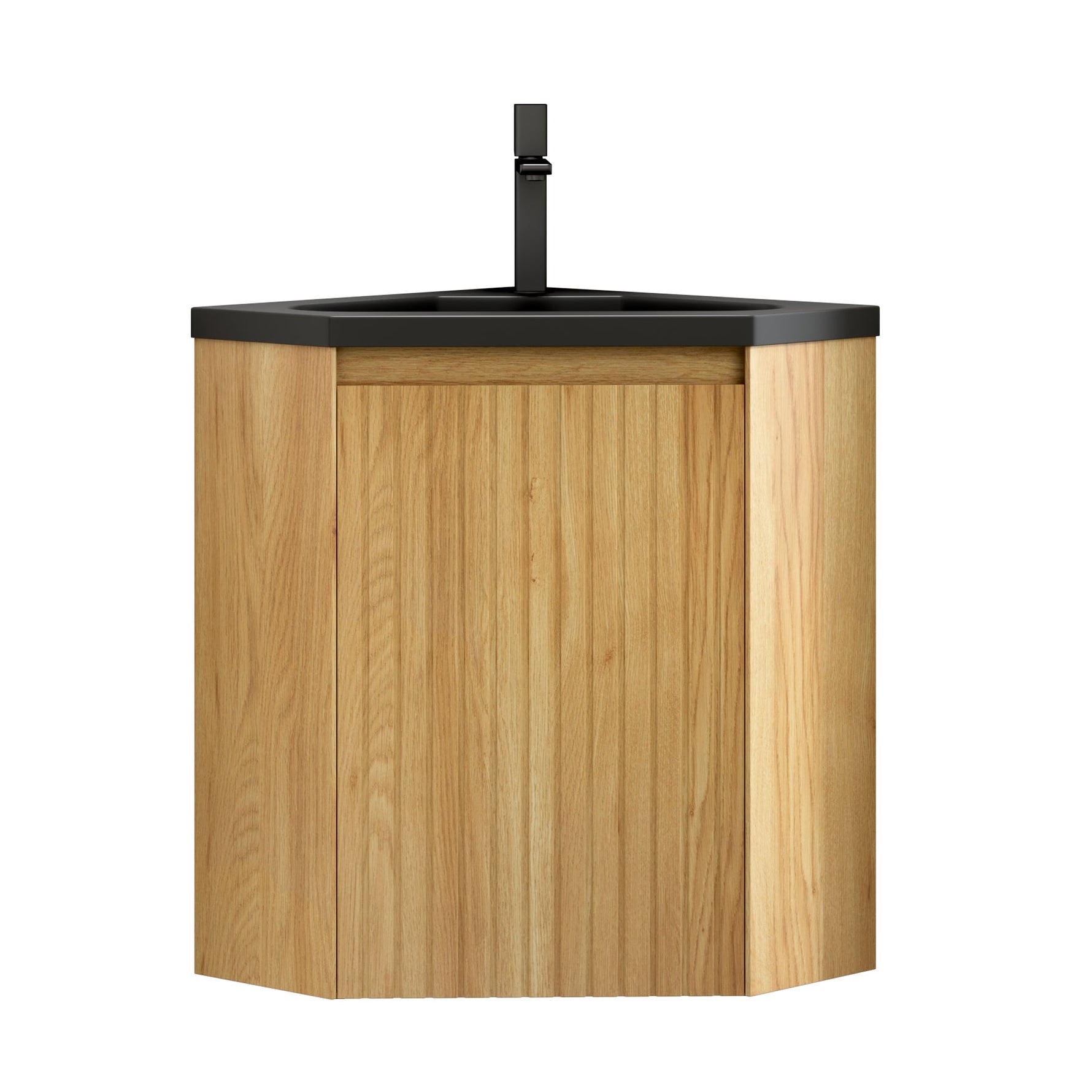 Wall-Mounted Corner Bathroom Vanity Unit with Matte Black Resin Basin, Natural Wood Grain