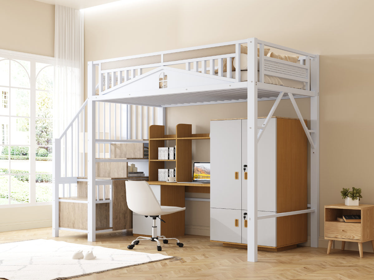 Metal Loft Bed, 90x200cm with Safety Enclosure, Ladder & Locker, White