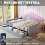 Children's Bed 140x200cm with Light Strip & Drawers, Grey