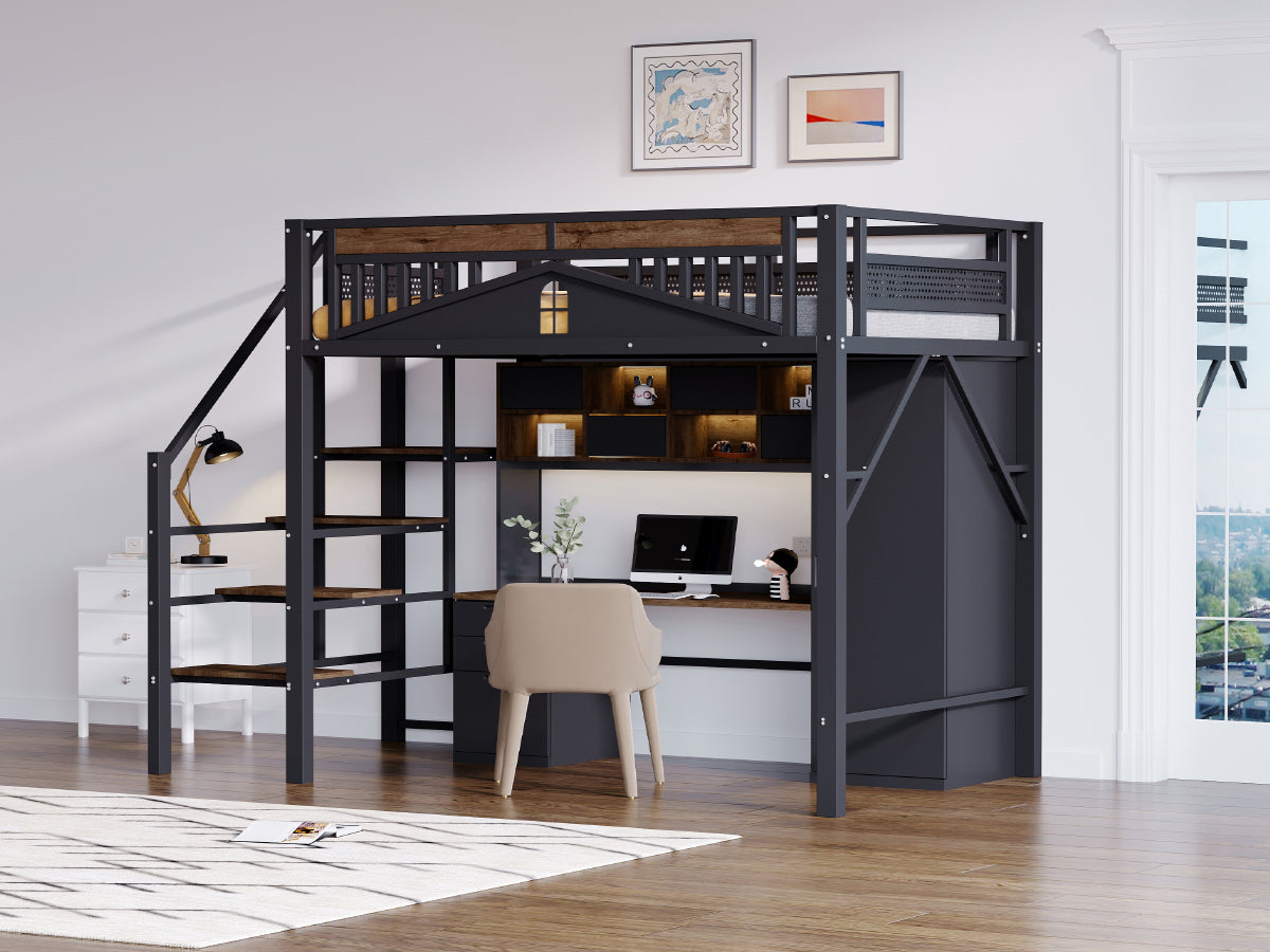Metal Loft Bed, 140x200cm, Window Design, Safety Ladder, Storage, Black