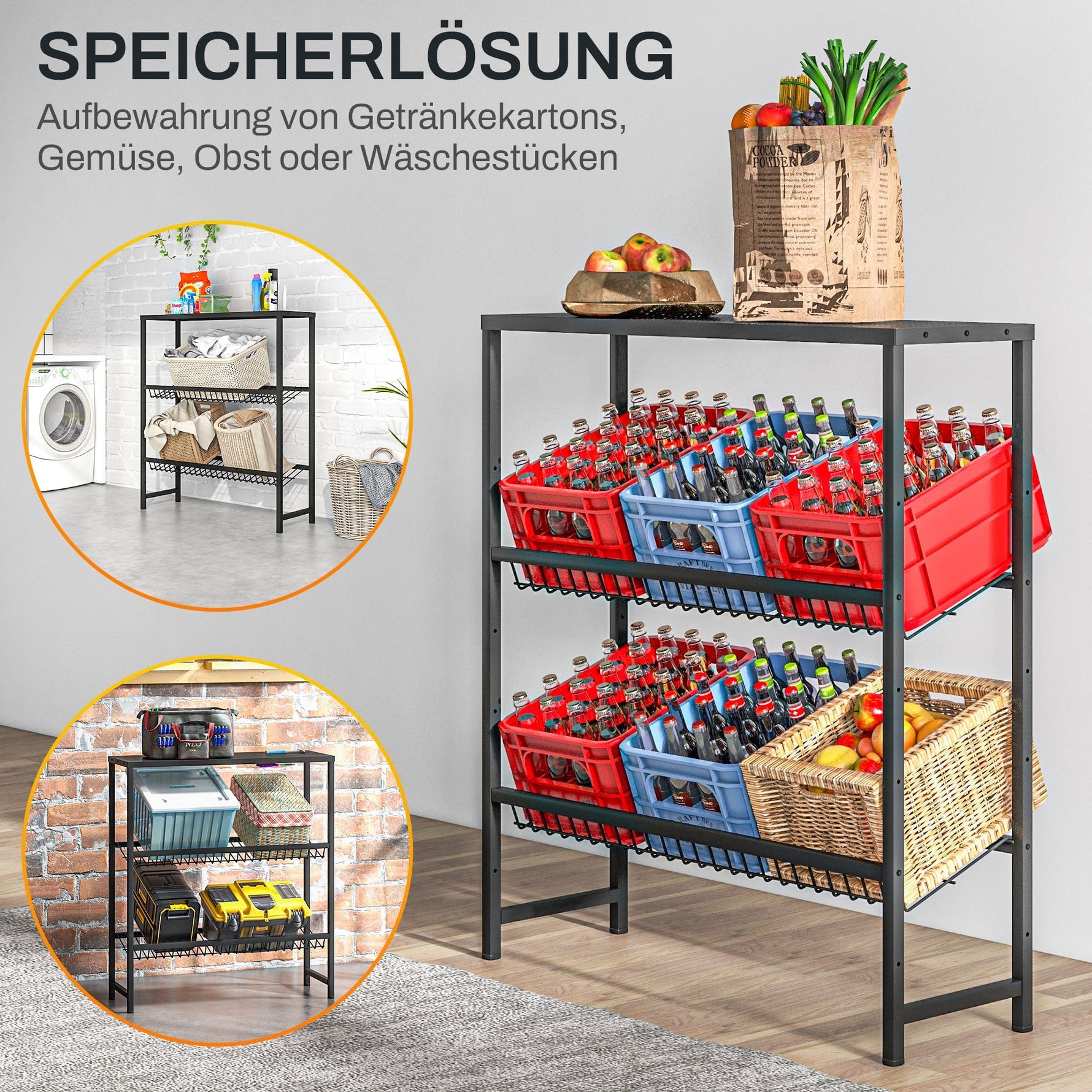 Freestanding beverage crate rack 6 crates adjustable shelf height 3 levels non-slip black steel